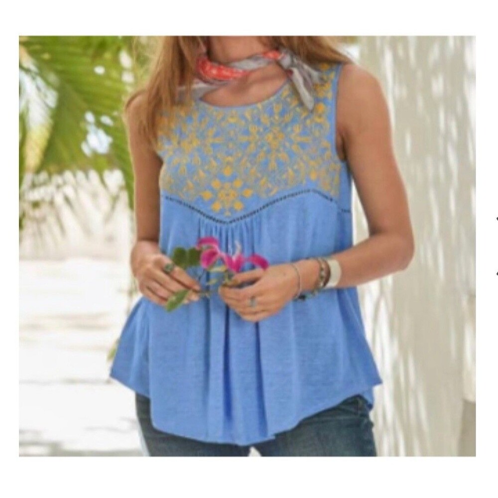 Sundance Cantina 100% Linen Embroidered Tank Small